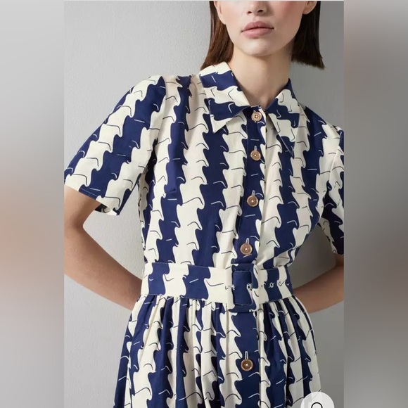 NWT L.K Bennett Calder Navy and Cream Wavy Stripe Shirt Dress in Size 14 - Picture 4 of 8